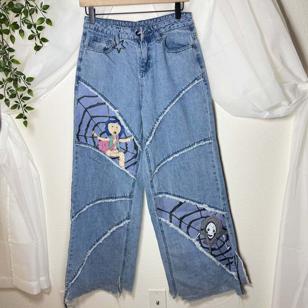 Coraline Jeans Blue Denim Wide Barrel Leg Patchwork Star Charm